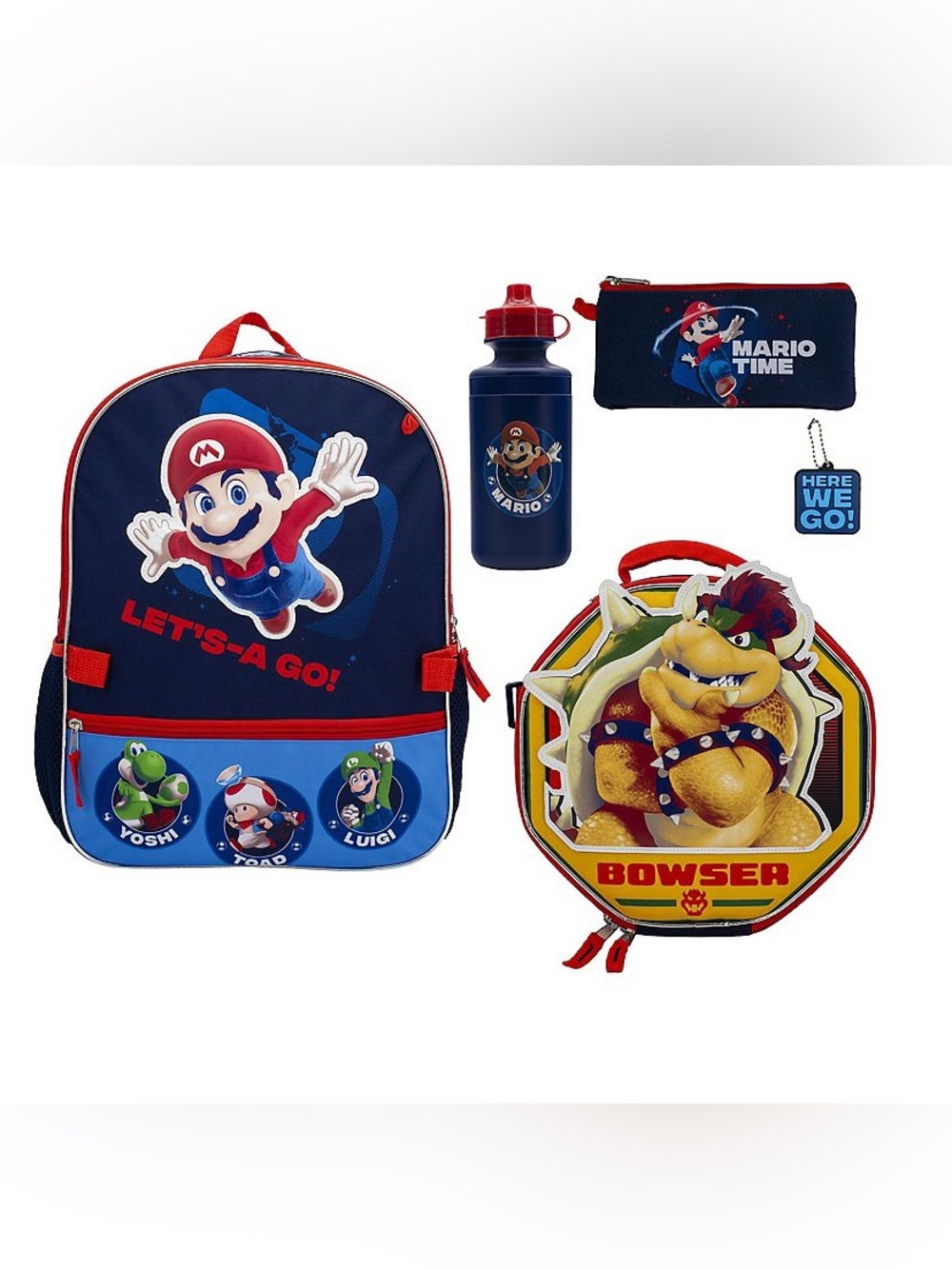 Super Mario 5Pc Backpack Set Kids School Bag Lunch Box Bottle Pencil Case NEW